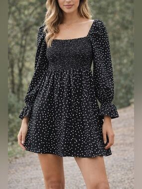 Missguided Black Polka Dot Smocked Babydoll Dress Women’s US 10 Puff Sleeve Mini